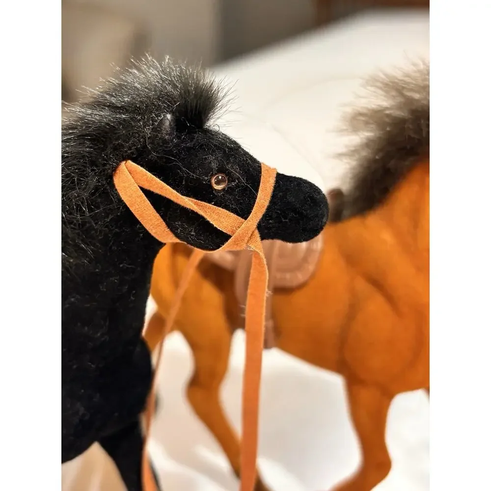 Vintage Small Flocked Plastic Horse Lot Toy Figurine Pony Brown & Black 4.75”
